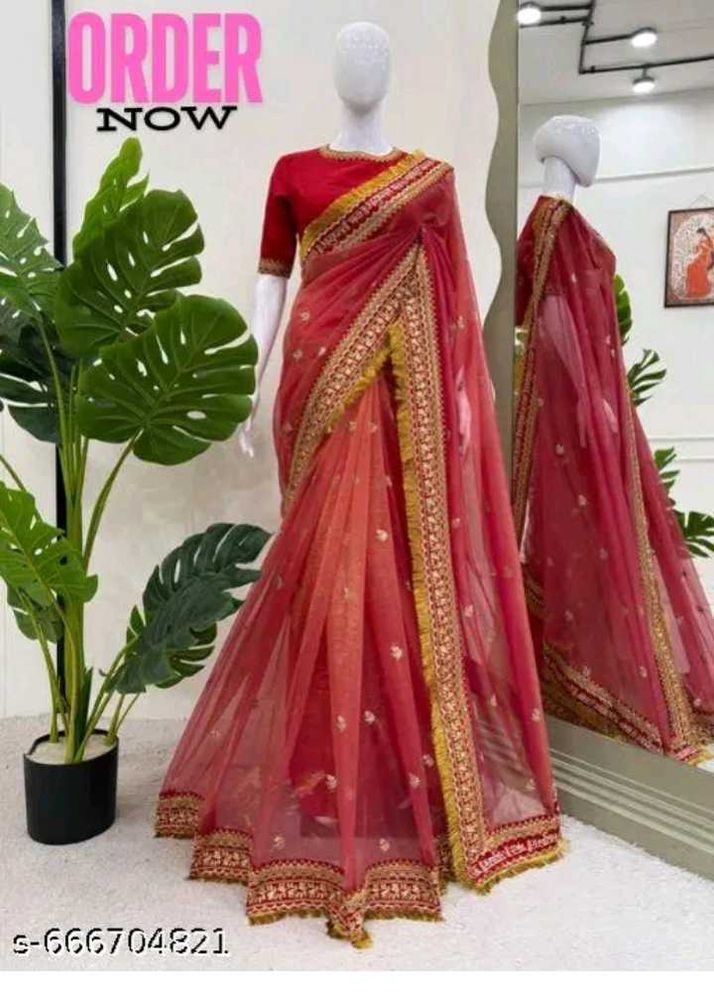 Elegant Red Net Embroidered Saree with blouse piec