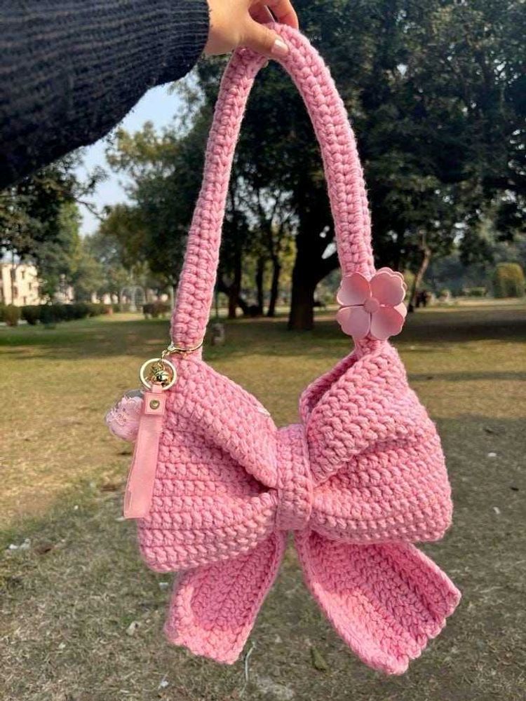 Pink Crochet Bow Handbag
