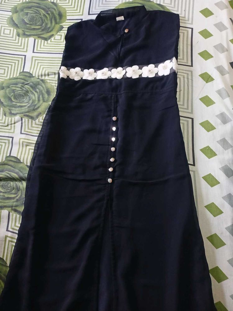 Navy Blue Maxi Dress with Floral Details