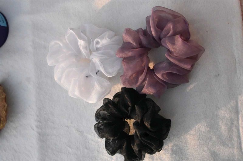 White, Black And Purple Organza Scrunchies
