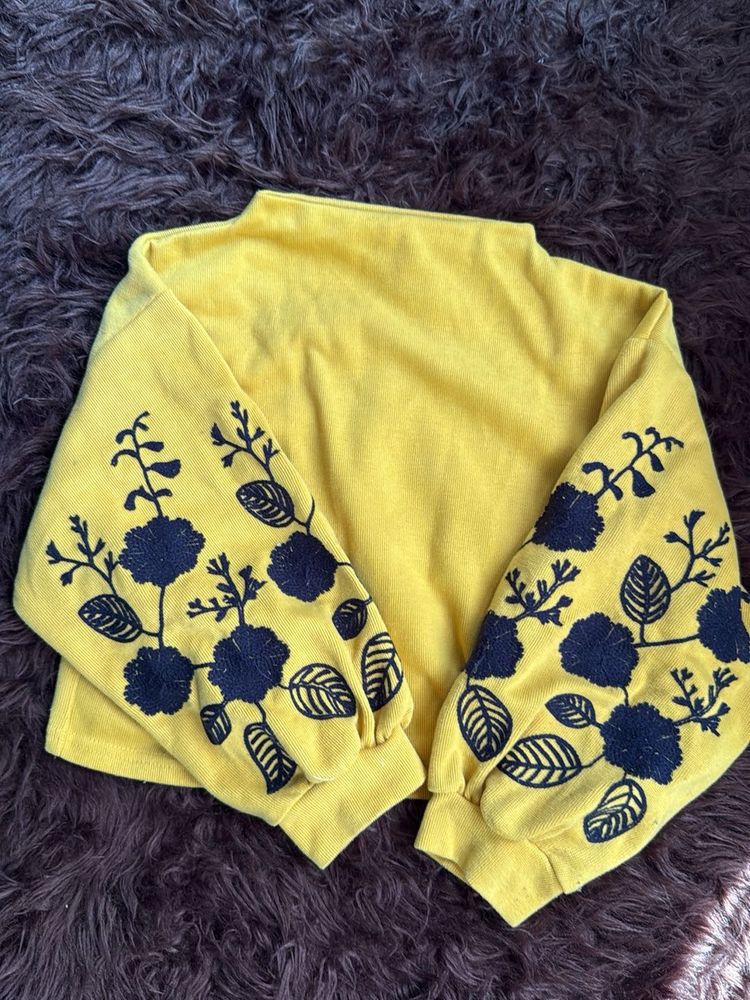 Embroidered Sleeve Top woolen to yellow