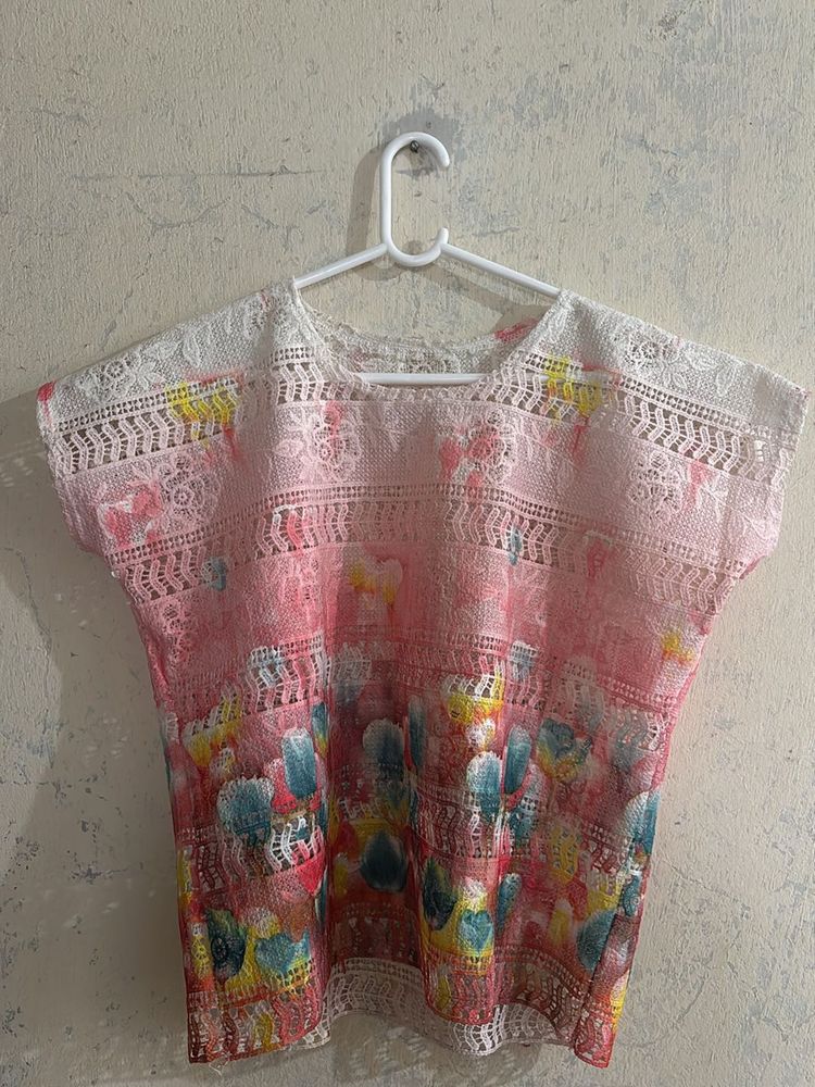 Lace Trimmed Pink Floral Top