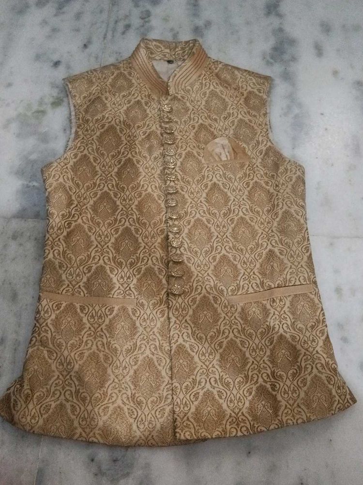 Gold Patterned Waistcoat Set With Pant And Kurta