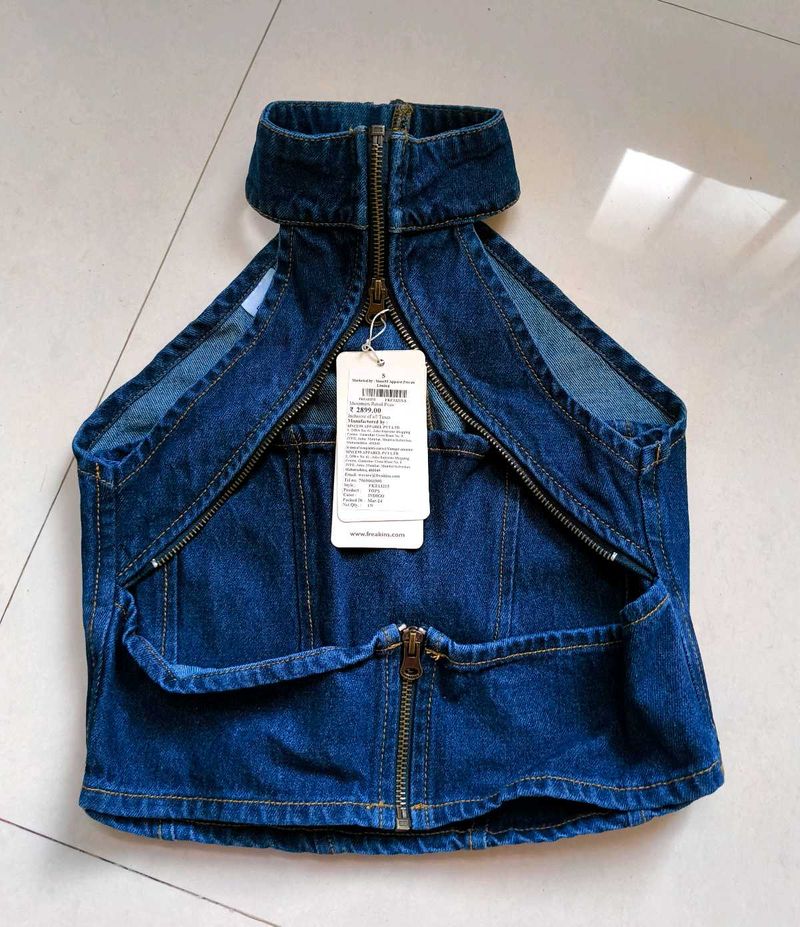 Blue Denim Halter Top with Zipper  By Freakins