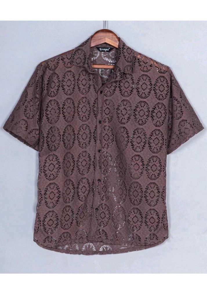 Brown Lace Crochet Short Sleeve Shirt