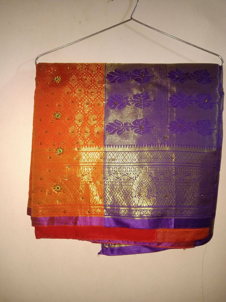Brocade Orange Beads &amp; Stone Saree