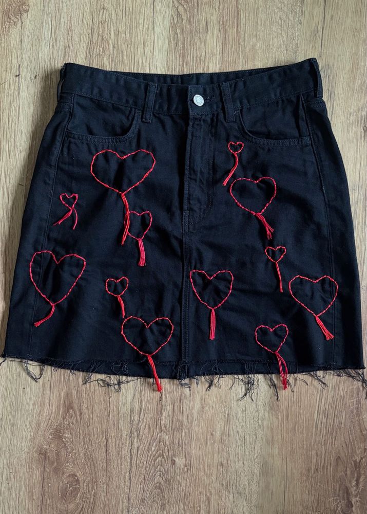 Black Heart Denim Skirt - Hand Embroidered