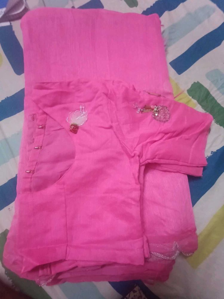Pink Saree With Blouse Combo