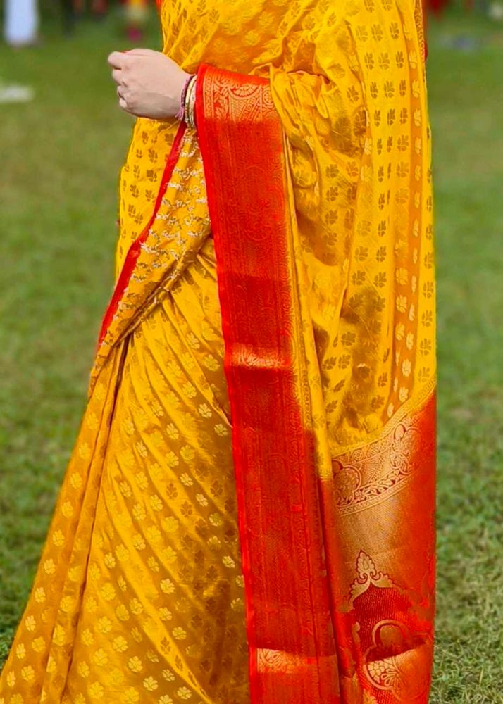 Beautiful Yellow Saree Red Border Silk