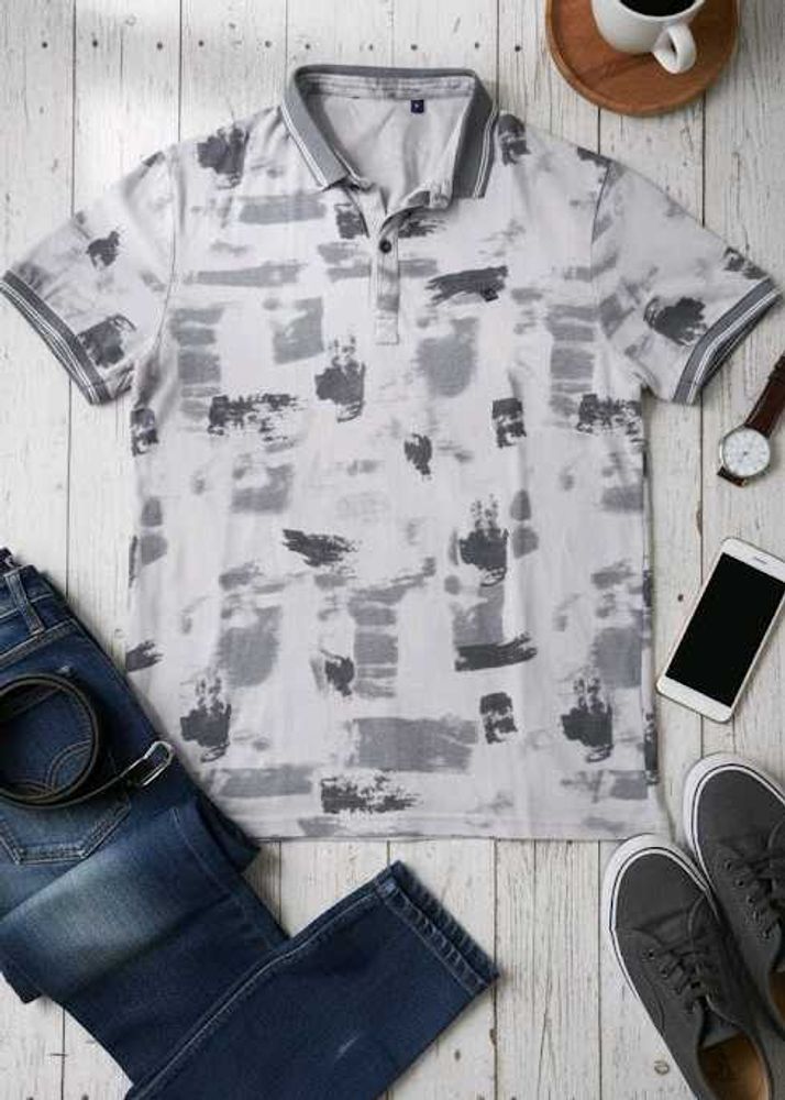 Men’s Grey Printed Polo T-Shirt | Casual &amp; Stylish