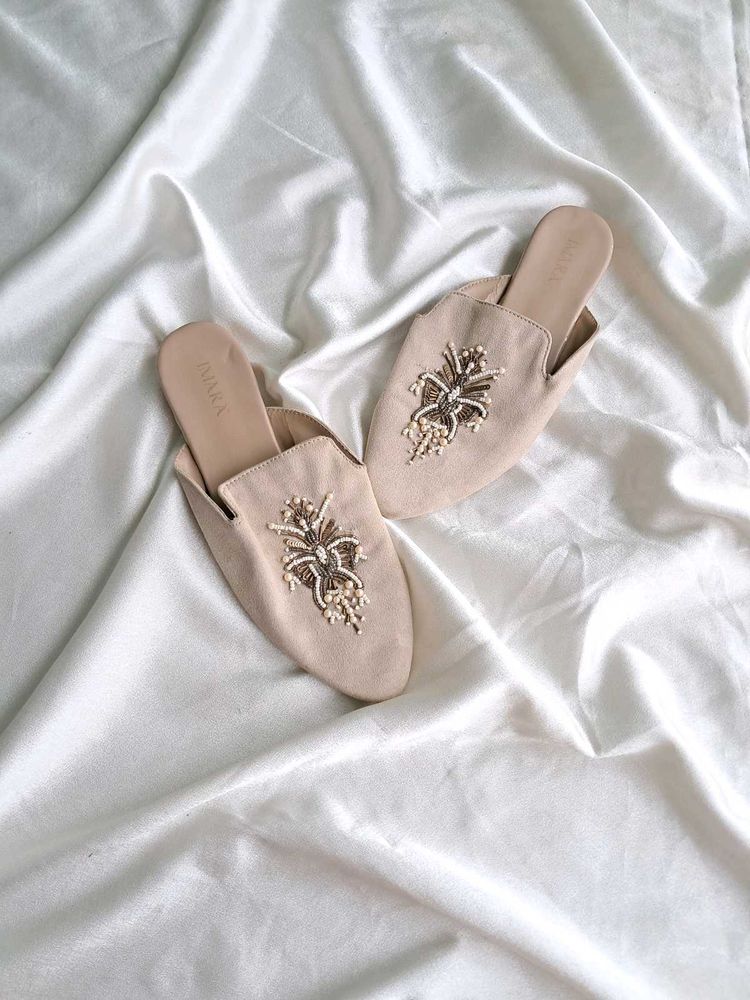 Embroidered Beige Mules