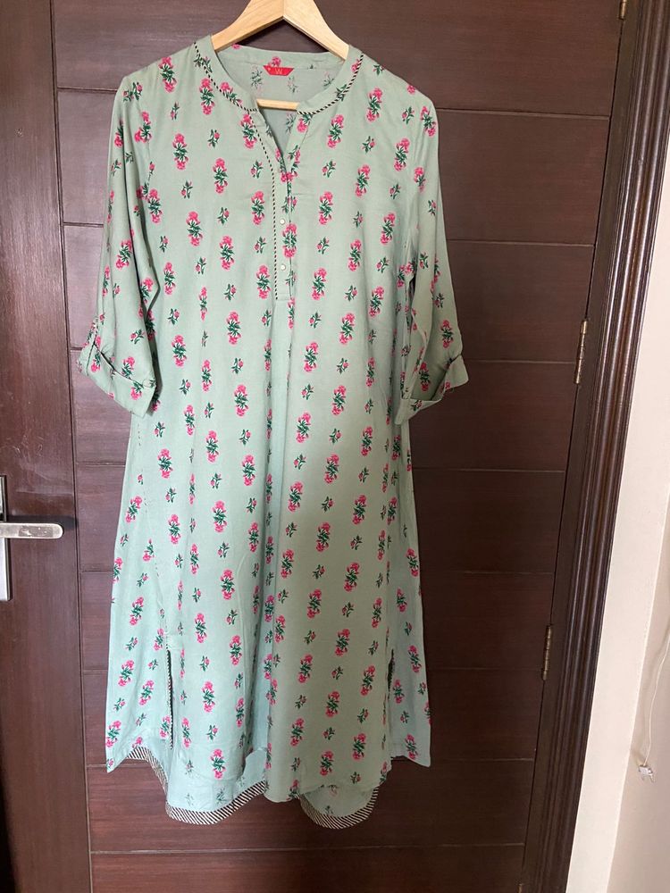 W Sea Green Low High Printed Kurta (16)