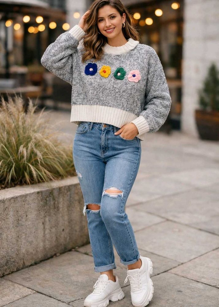 Floral Applique Knit Sweater