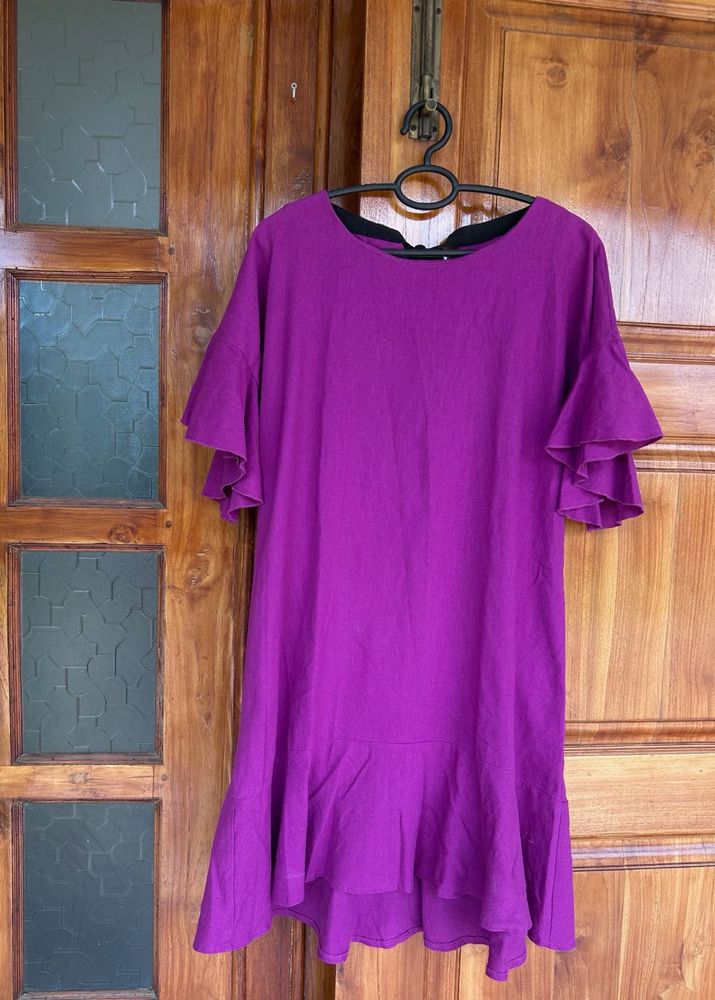 Purple linen Ruffle Sleeve Dress