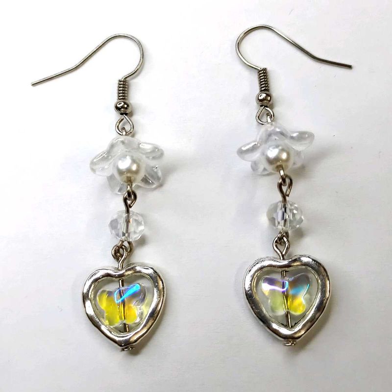 Handmade Heart Earrings with Clear Butterfly