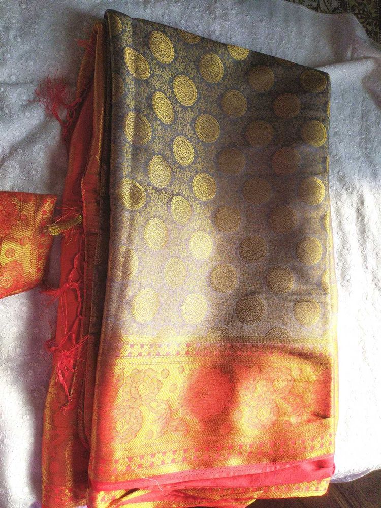 Grey And Red Banarasi Saree