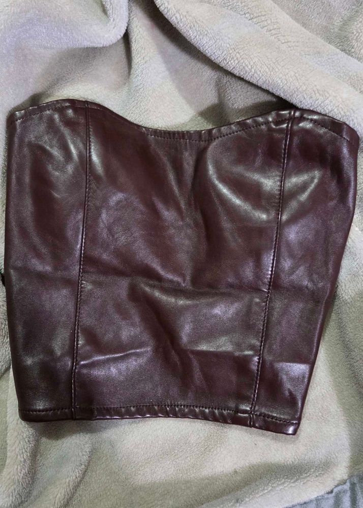 Brown Faux Leather Corset Top