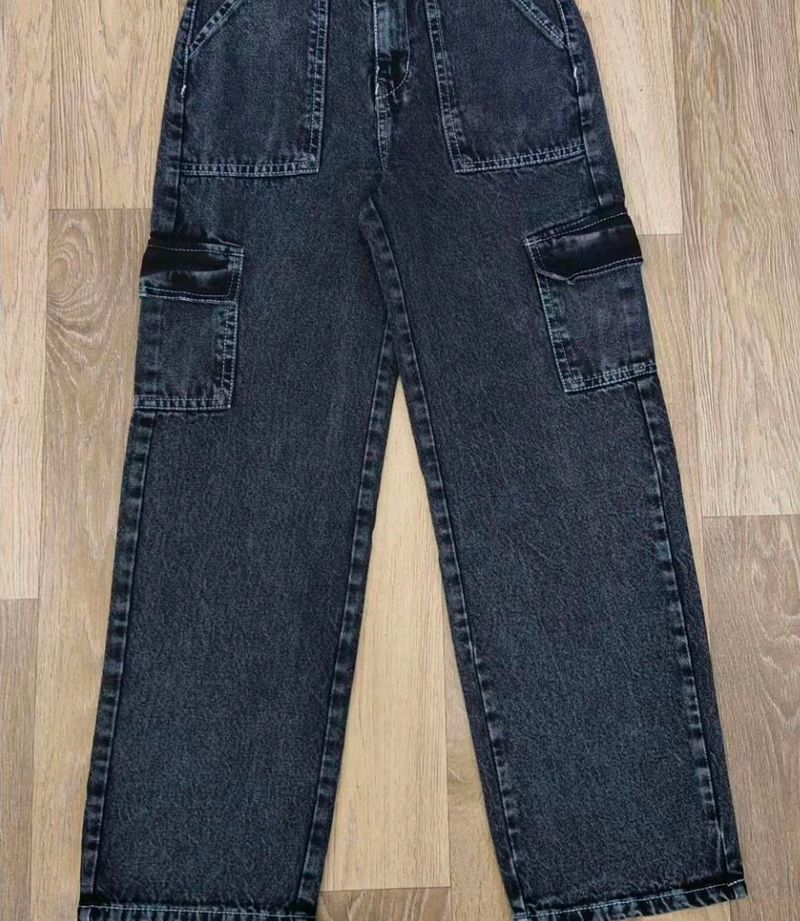 Charcoal Multi Pocket Wide Leg Denim