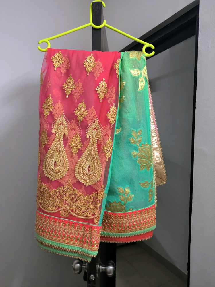 Green &amp; Pink Netted Saree