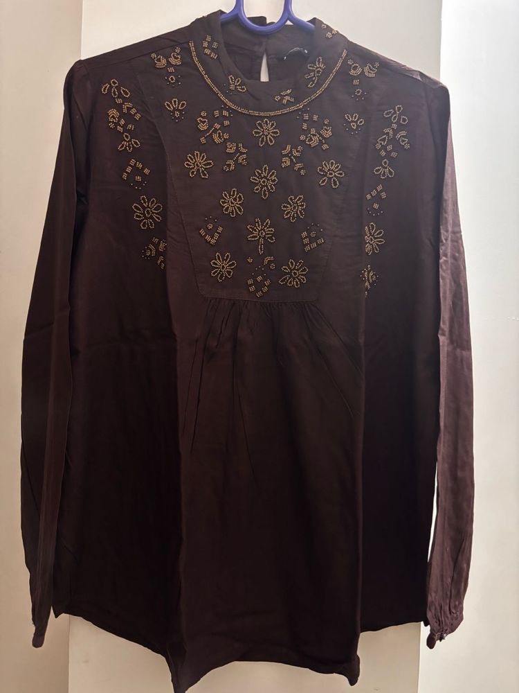 Splash Coffee-Brown Beaded Top - Size 10
