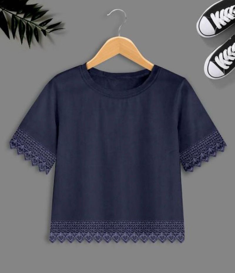Cute Navy Blue Lace Trim Tee