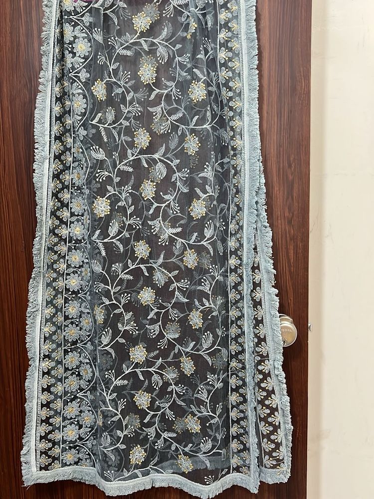 Grey Embroidered Floral Net Dupatta