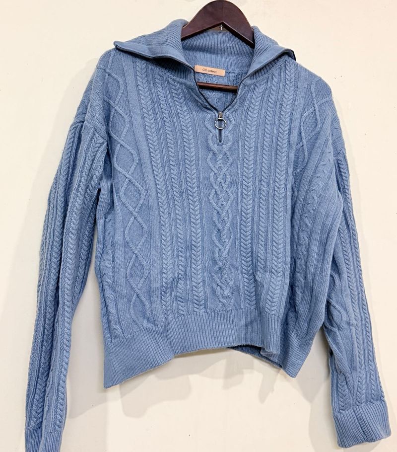 Blue Quarter Zip Knit Oversized Sweater