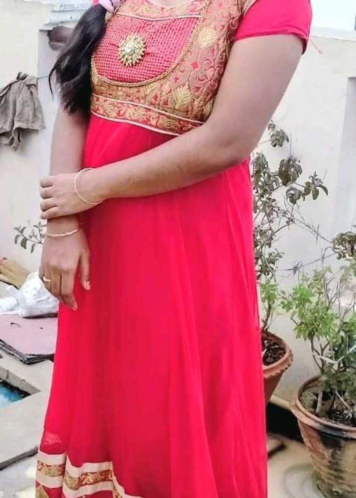 Red &amp; Gold Embellished Anarkali Dress