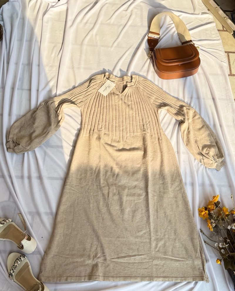 Beige Knit Midi Dress