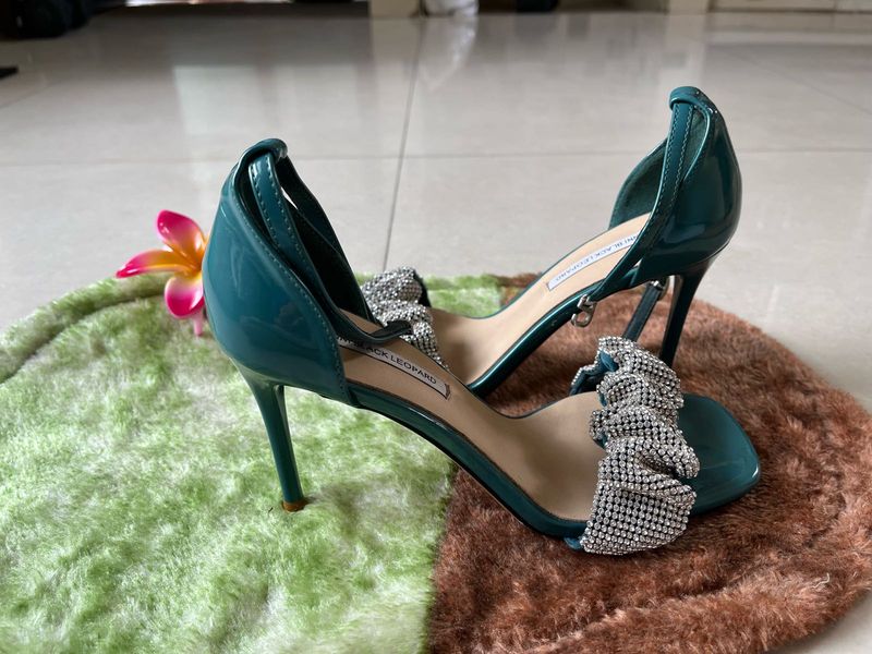 Teal Heels with Rhinestone Bow