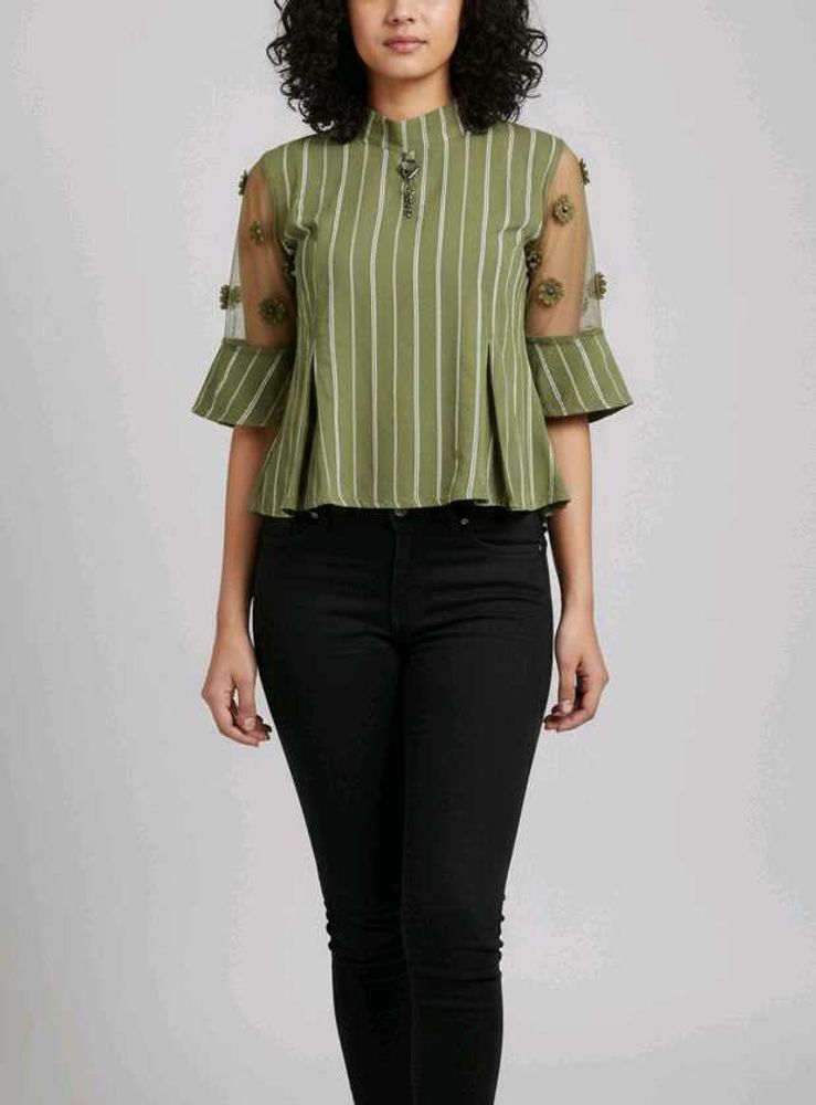 Striped Olive Top with Floral Detail🍀