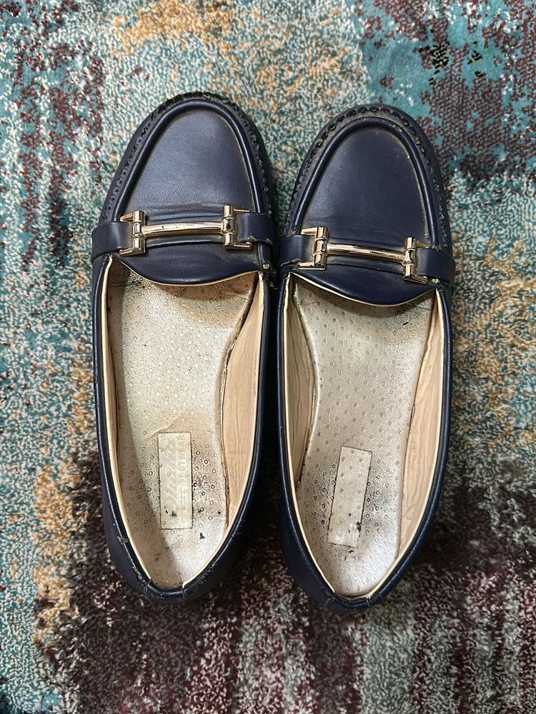 Navy Blue Loafers with Gold Detail