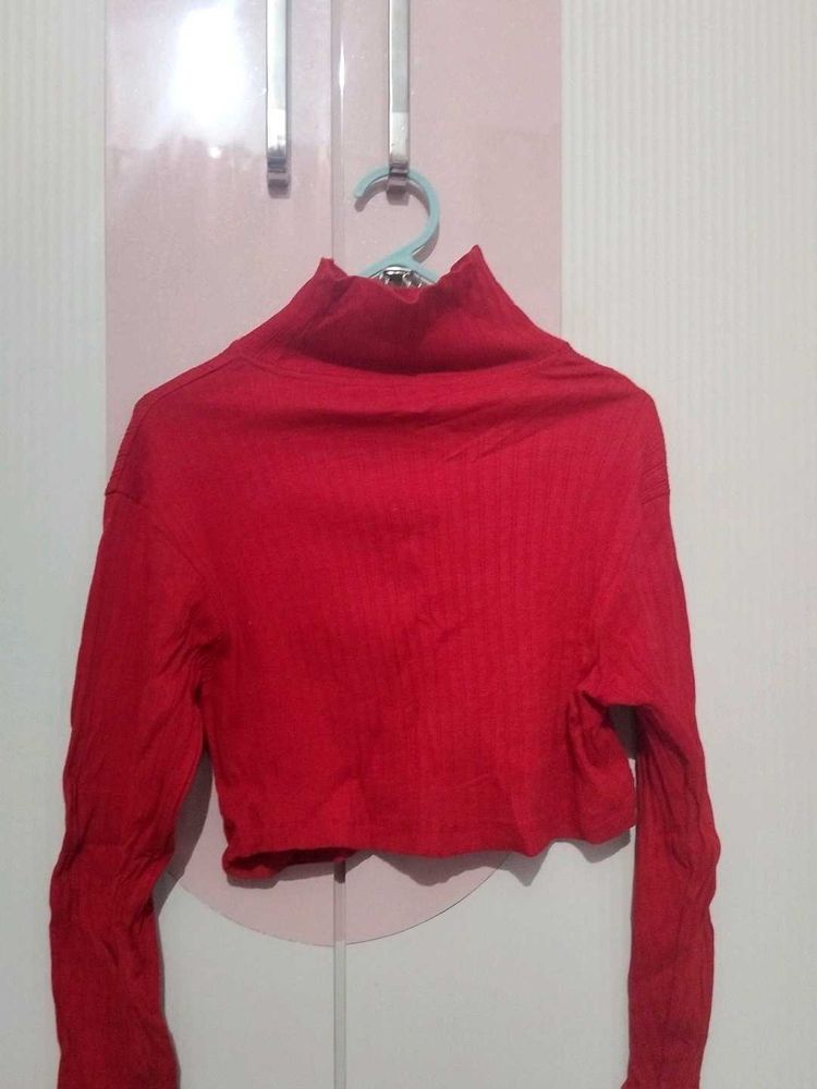 Red Long Sleeve High neck crop top