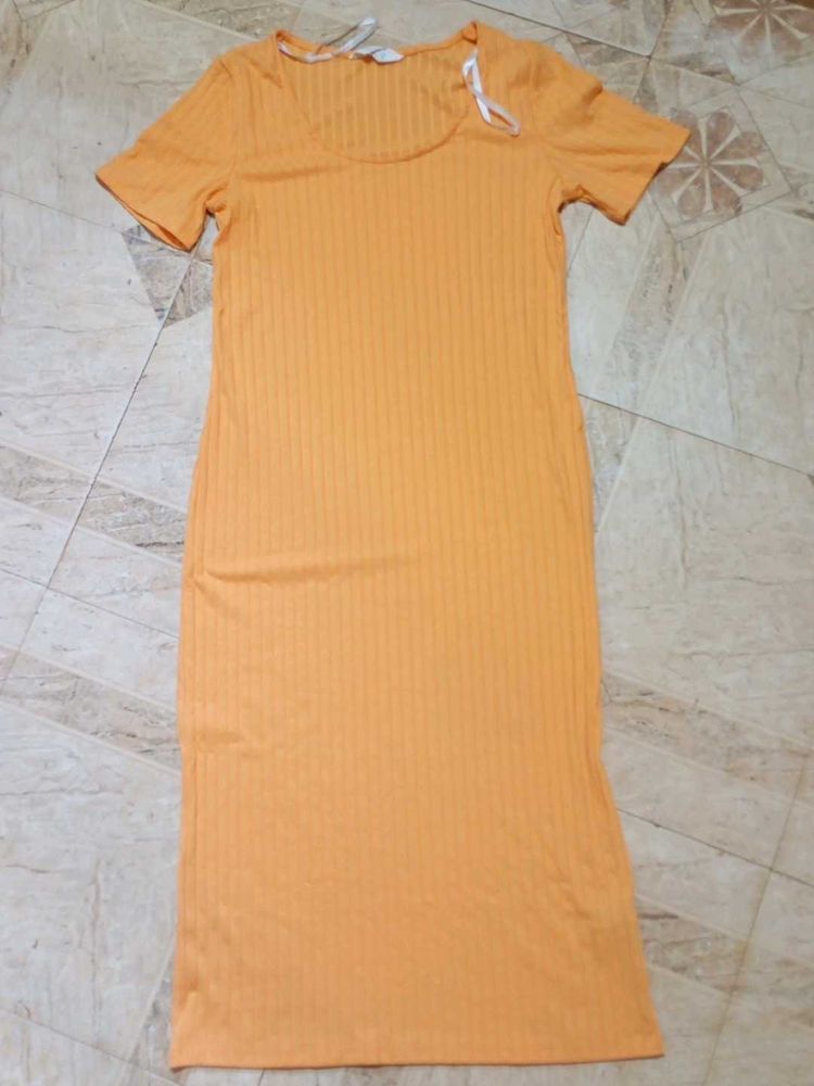 Orange Ribbed Knit Midi Dress
