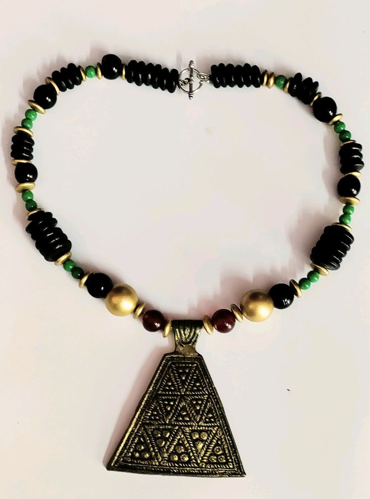Glass And Wooden Beaded Necklace With Big Pendant