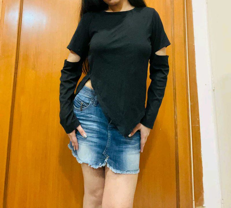 Cutout Sleeve Asymmetric Hem Top