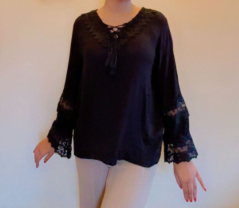 Lace Design Black Full Sleeves Top