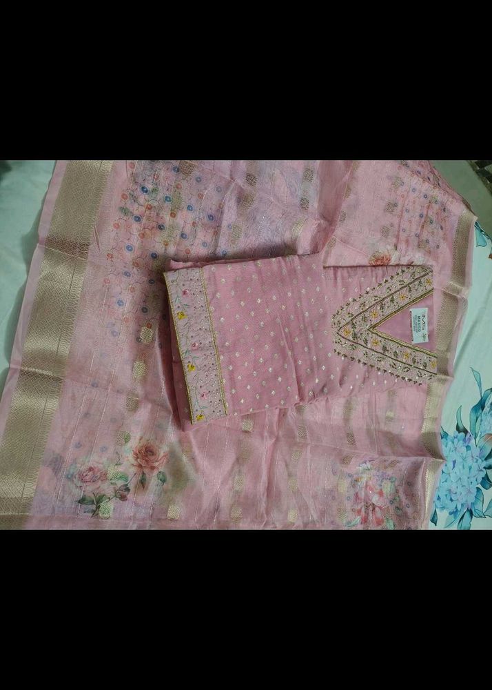 Pink Floral Kurta Set with banarasi duppta