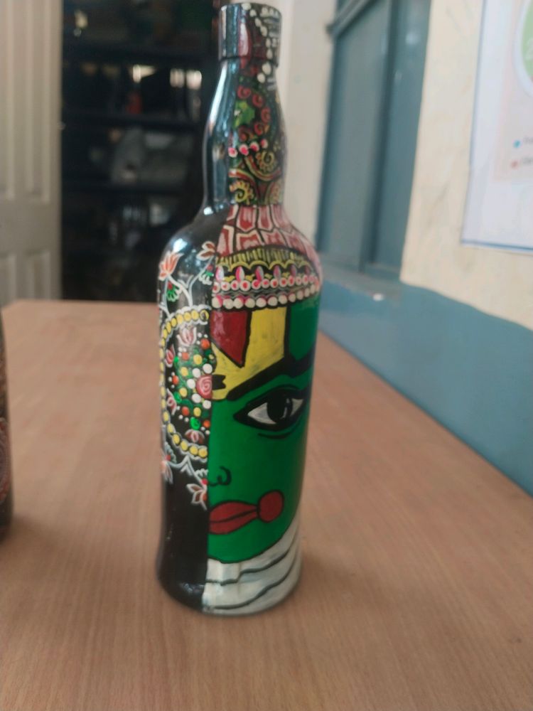 Hand Crafted Kathakali Face And Mandala Art Bottle