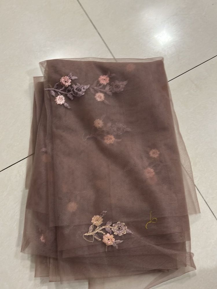 Mauve Colored Embroidered Net Fabric