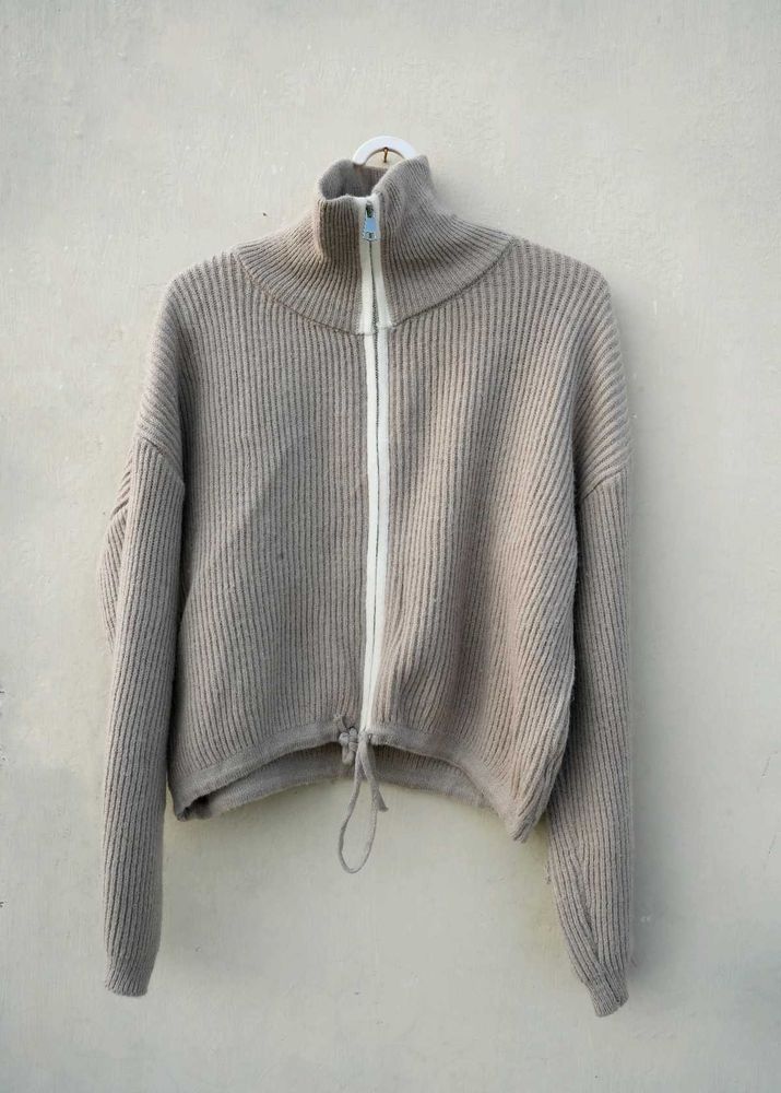 Beige Knit Zip-Up Sweater