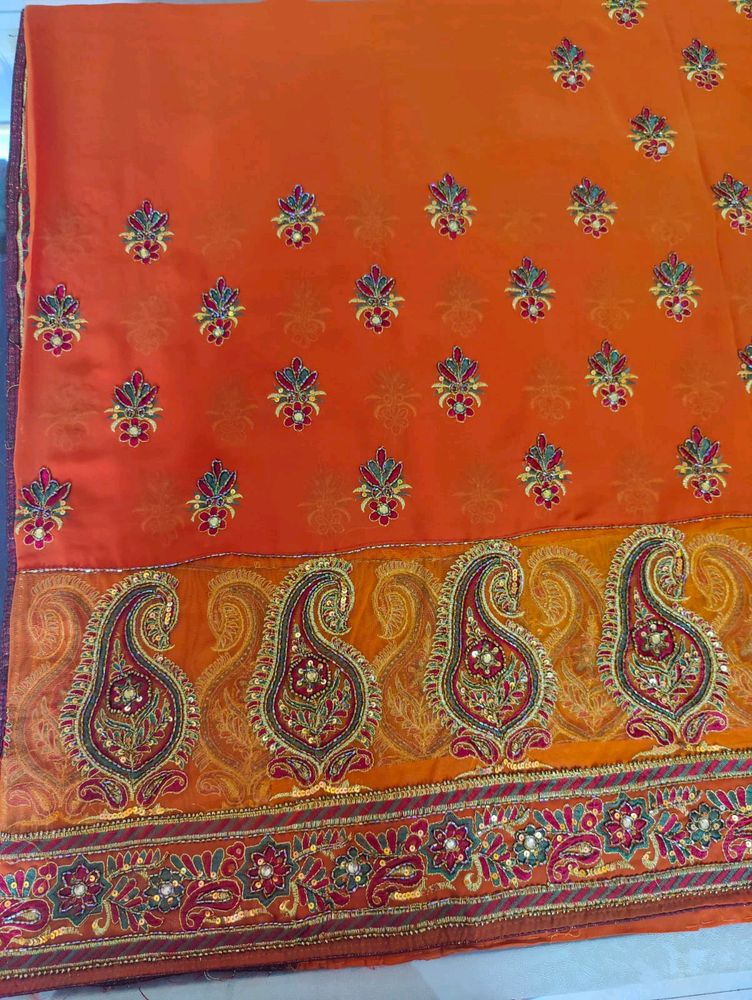 Orange Embroidered Paisley Saree