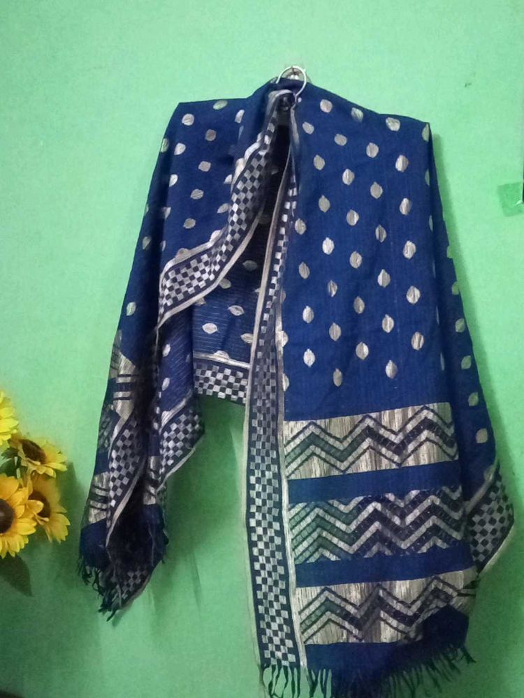 Navy Blue &amp; Silver Accent Scarf Women Duptta
