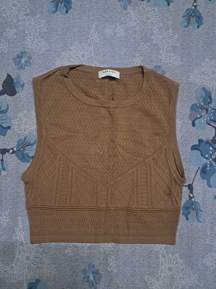 Brown Knit Crop Top Vest