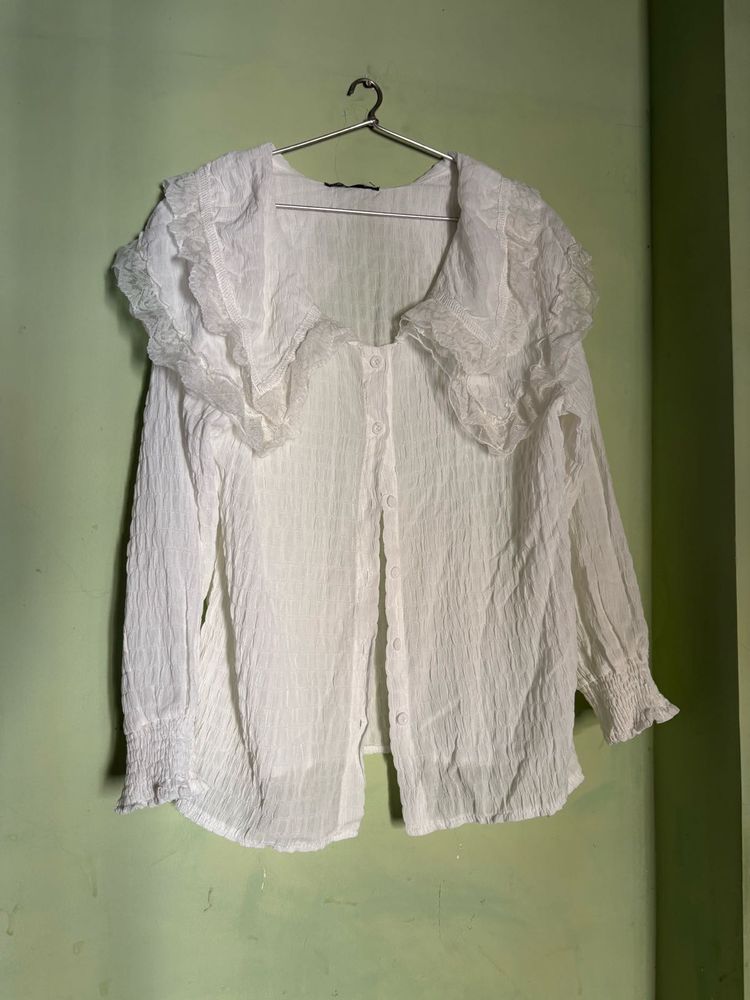Korean White Ruffle Collar Top