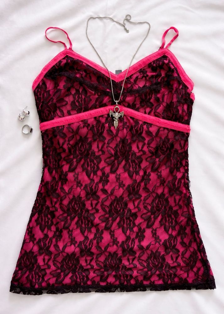 Pink &amp; Black Lace Cami Top y2k