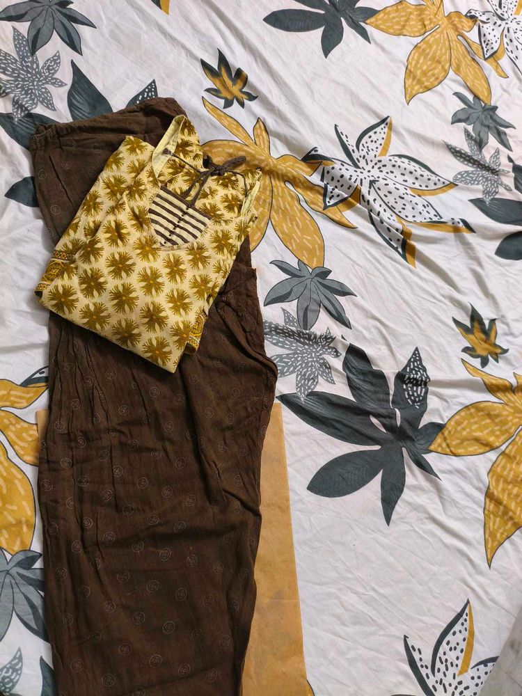 Brown Printed Cotton Suit Set