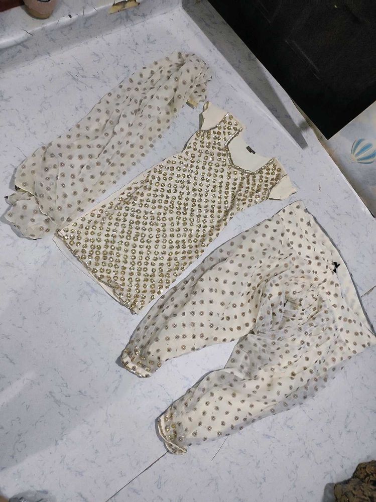 Cream &amp; Gold Patiala Salwar Suit And Dupatta Set