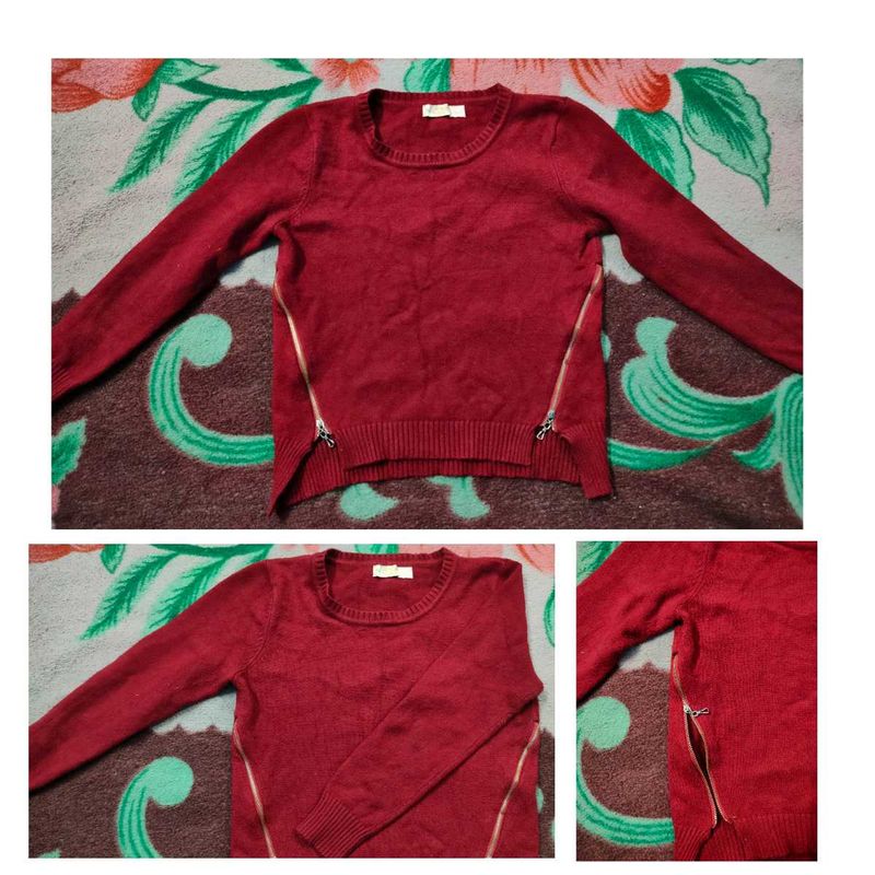 Maroon Winter Sweater Top With Zip Detailing
