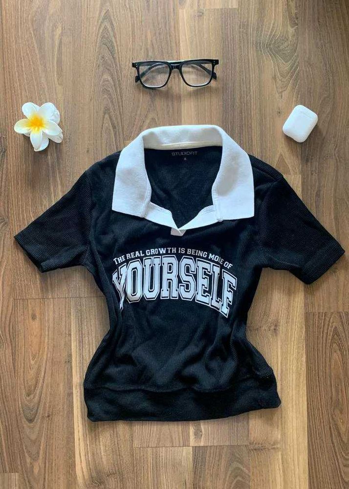 Black Cropped Polo Top